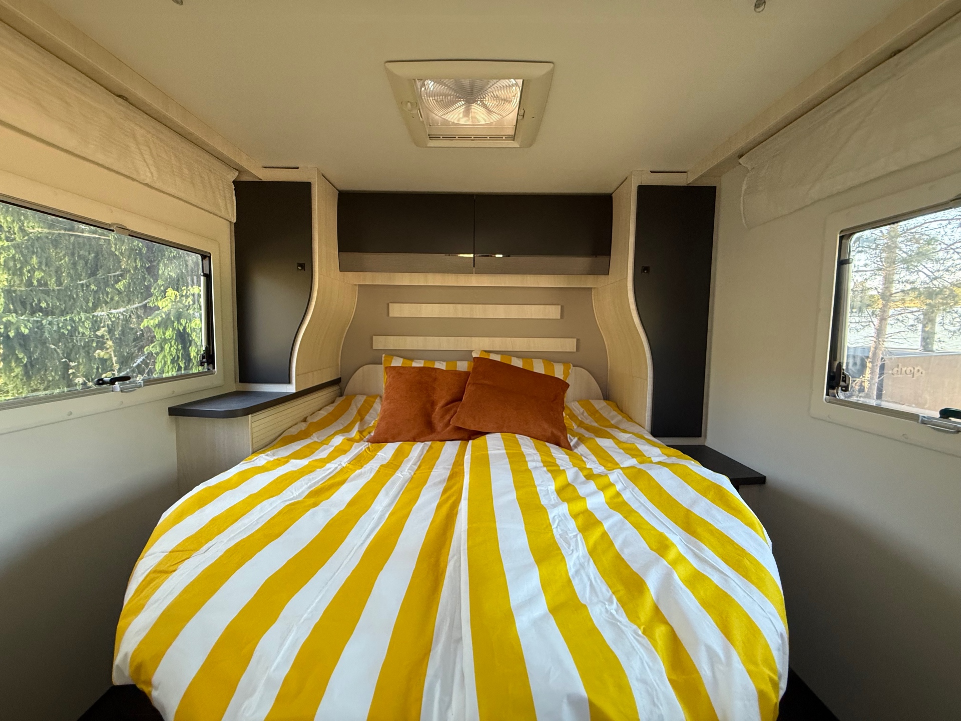 Rear bedroom with bright bedding