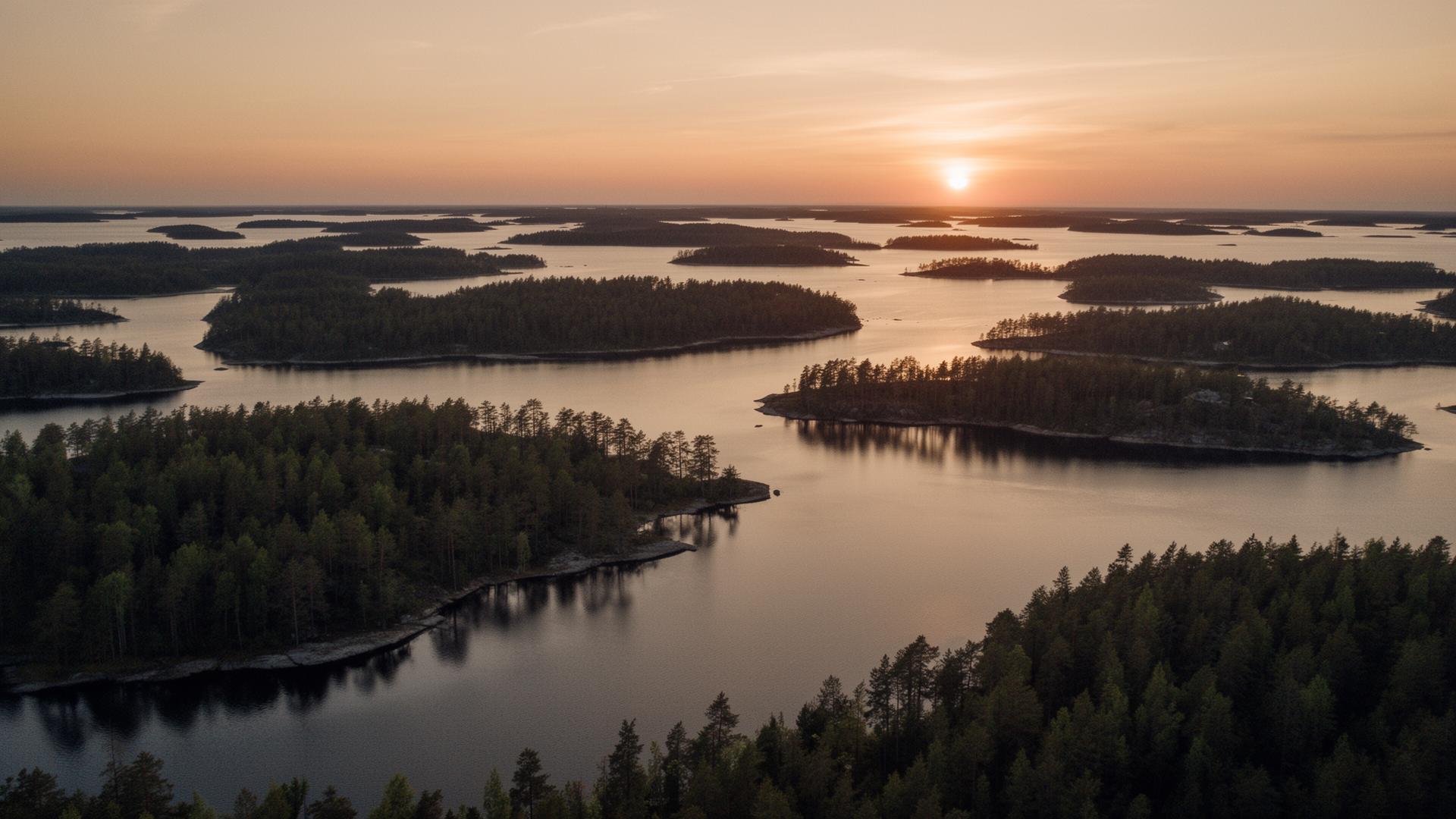 Aerial view of the Turku archipelago at dusk